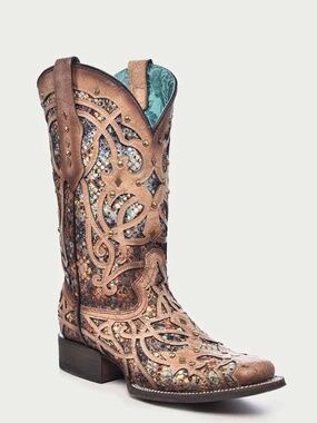 WOMEN'S MULTICOLOR GLITTERED INLAY BONE COLOR SQUARE TOE COWBOY BOOT size 8.5
